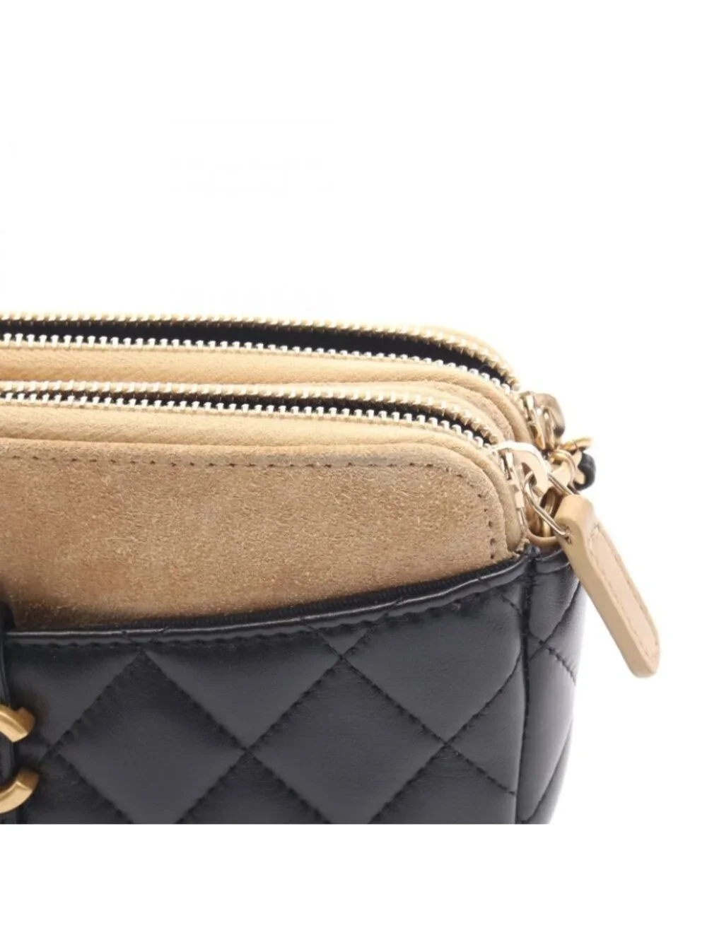 Chanel Shoulder Bag Quilted Phone Case Black Camel Lambskin Suede Chain Wallet